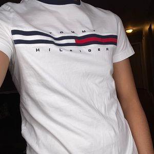 Size XS Tommy Hilfiger shirt, fits me tight because I’m a medium!